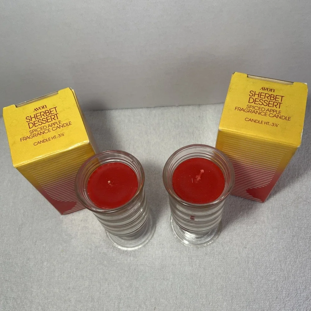 VINTAGE AVON SHERBET DESSERT SPICED‎ APPLE FRAGRANCE CANDLE LOT OF 2 GLASS SWIRL